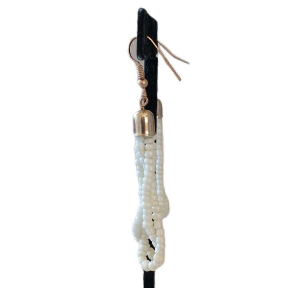 Vintage Seed Bead Earrings Tassel Dangle Pierced White Gold Tone Beach Bohemian. - Picture 6 of 16